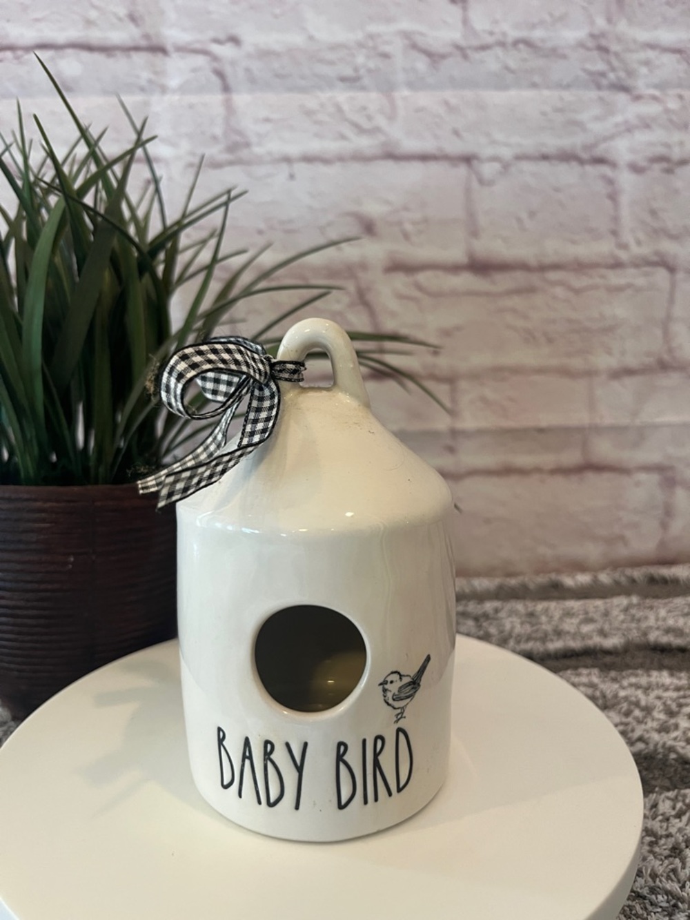 RAE DUNN Cream 'Baby Bird' Ceramic Birdhouse with Gingham Bow